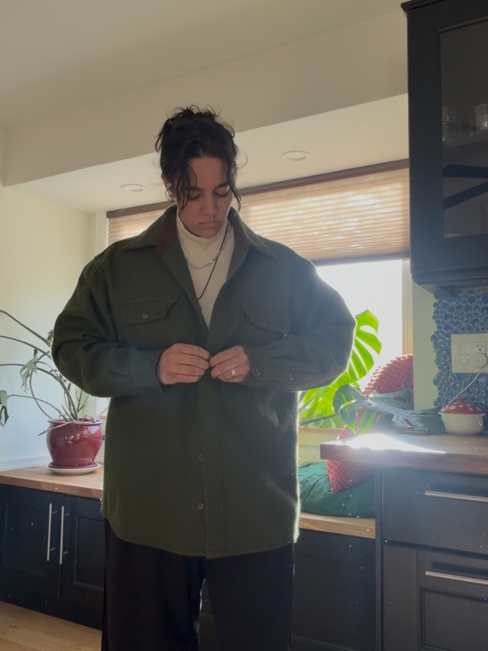 Men's Olive Green Button-Up Wool Shacket